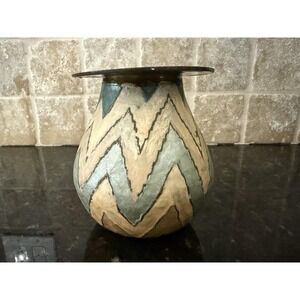 Vintage Brass and Enamel Cloisonne' Herringbone‎ Vase in Subtle Colors India 5"